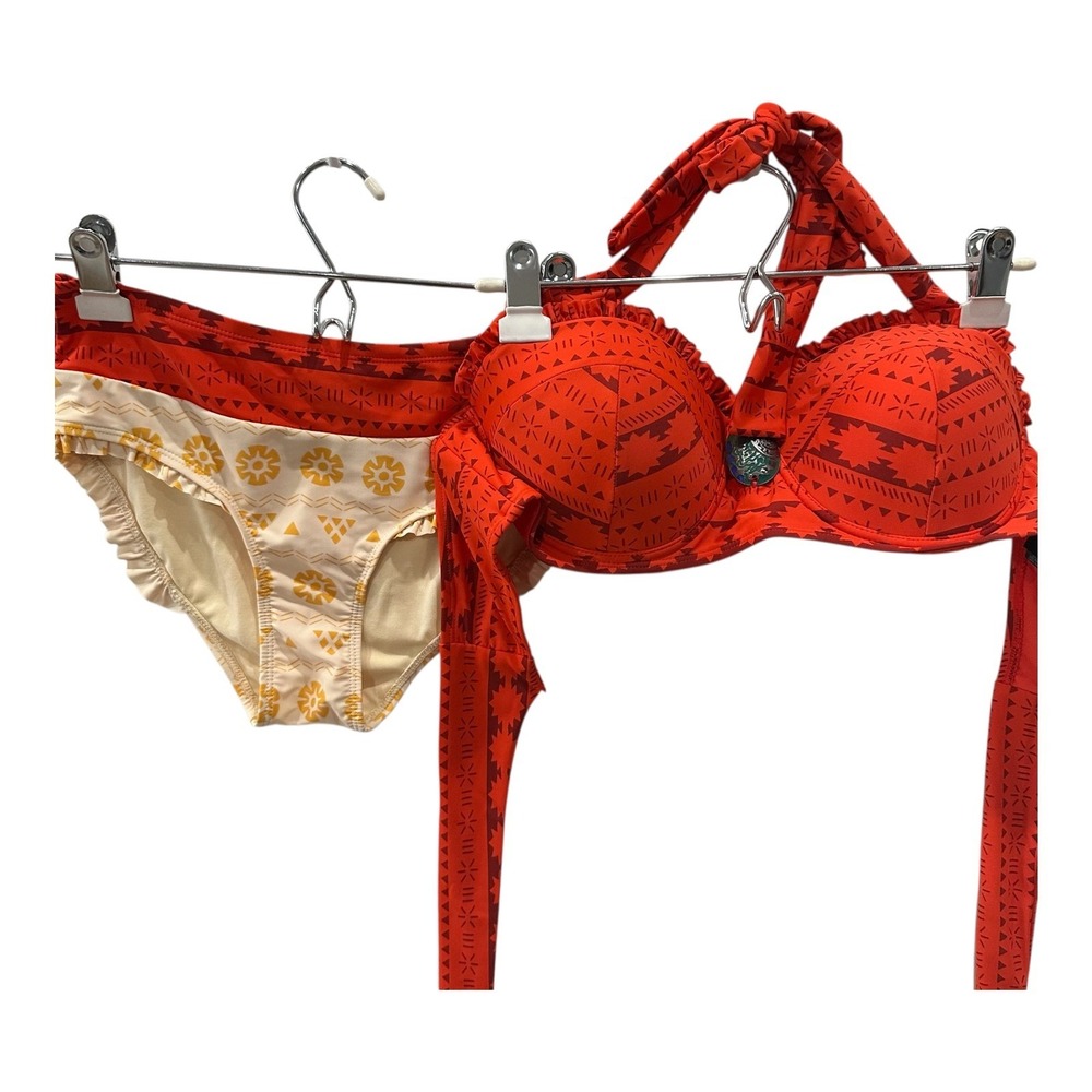 Disney Moana Bikini Set Womens L Top XS Bottoms Orange Tribal Push Up Halter